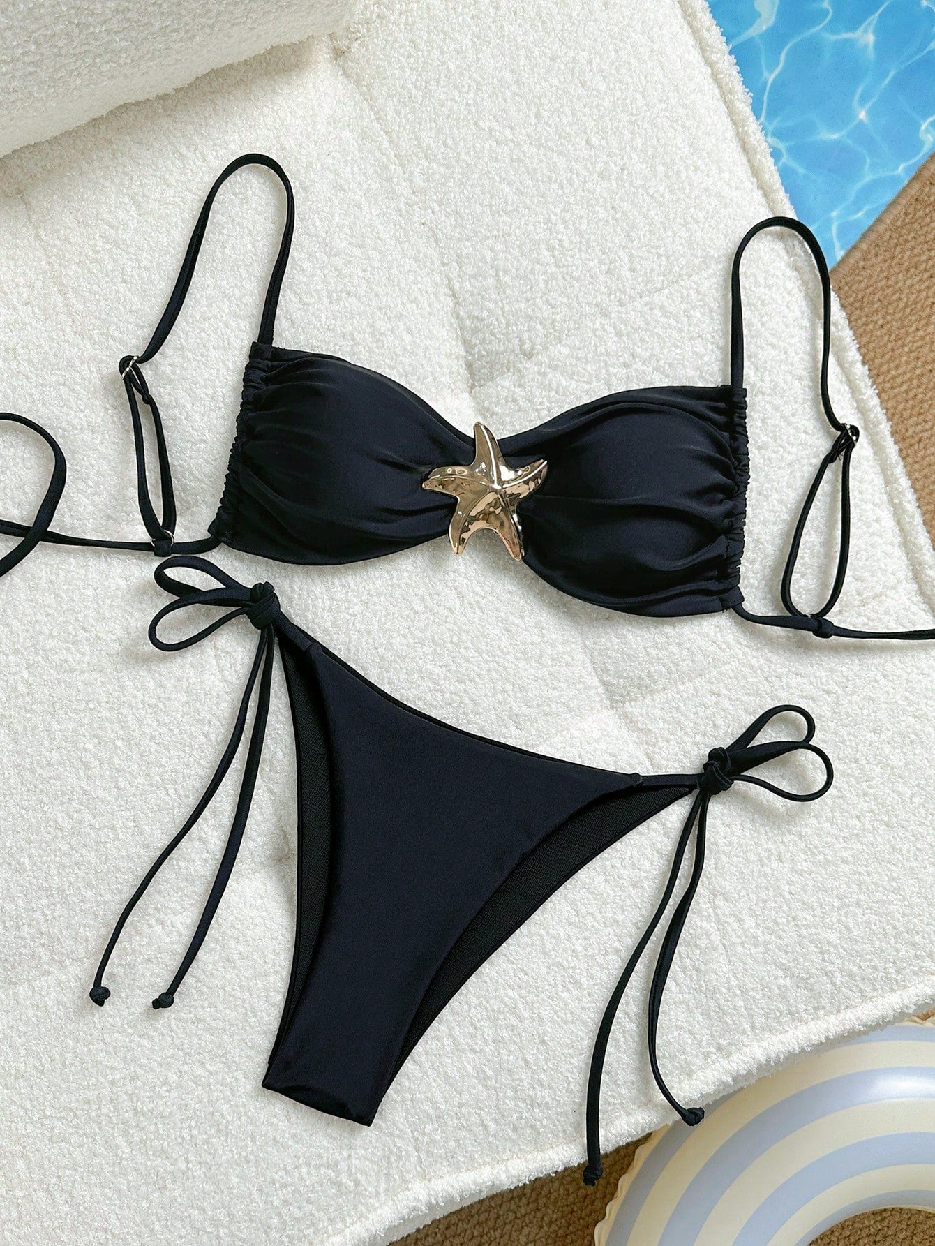 Spaghetti Strap Chest Star Bikini Black