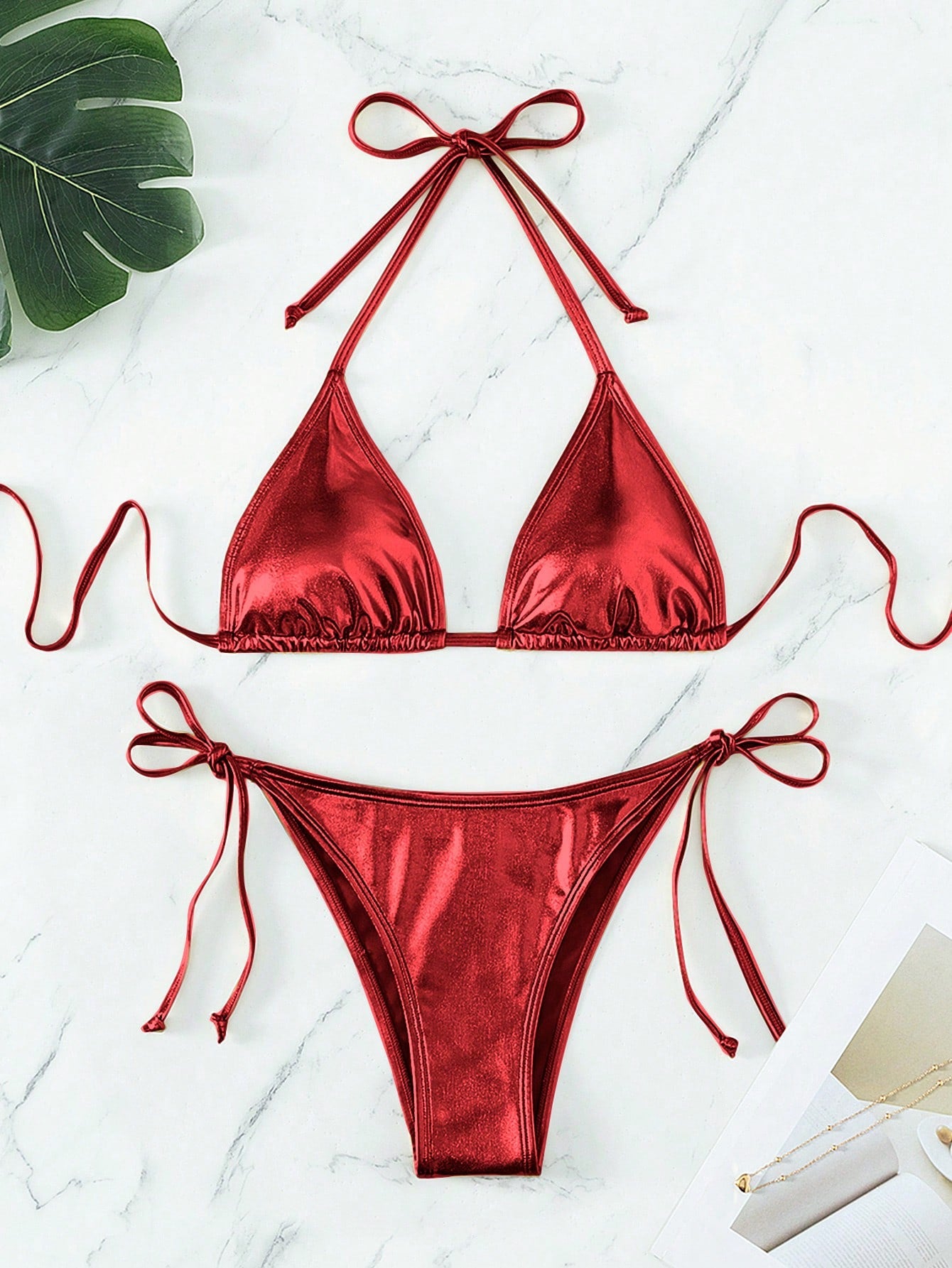 Solid Color Halter Bikini Red