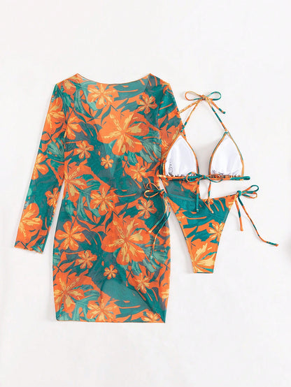 Tropical Print Halter Bikini Multicolor