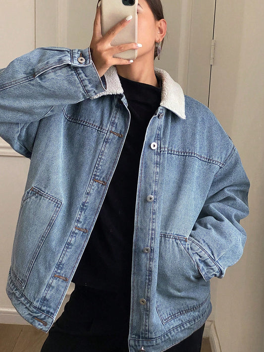 Loose Fit Casual Padded Denim Coat Light Wash