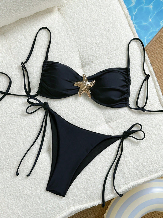 Spaghetti Strap Chest Star Bikini Black