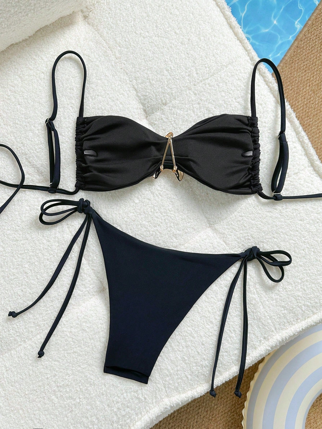 Spaghetti Strap Chest Star Bikini Black