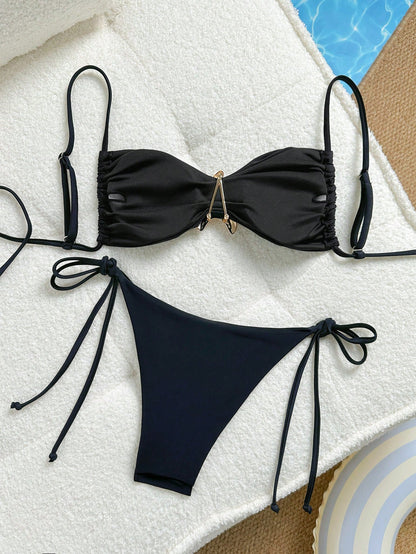 Spaghetti Strap Chest Star Bikini Black