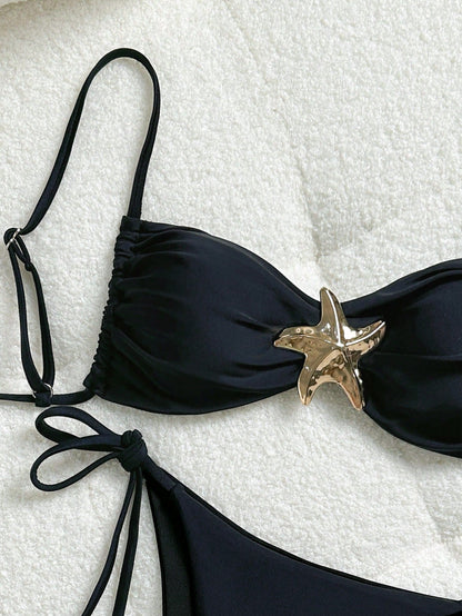 Spaghetti Strap Chest Star Bikini Black