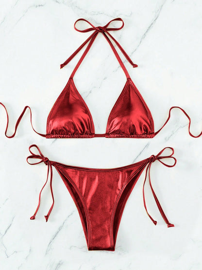 Solid Color Halter Bikini Red