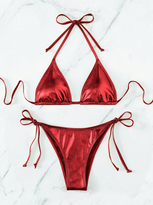 Solid Color Halter Bikini Red