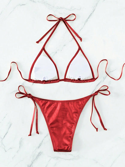 Solid Color Halter Bikini Red