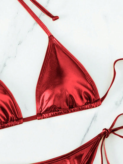 Solid Color Halter Bikini Red