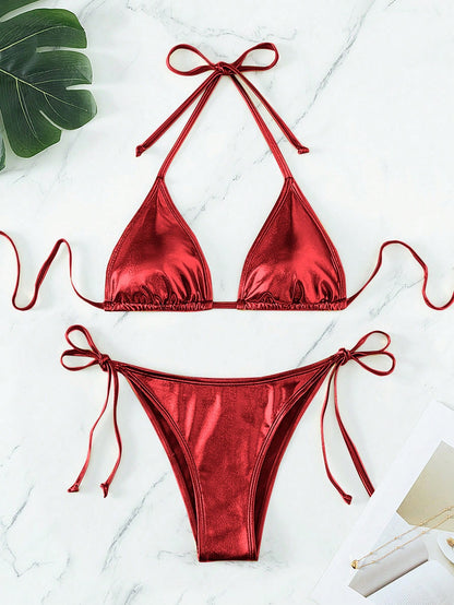 Solid Color Halter Bikini Red