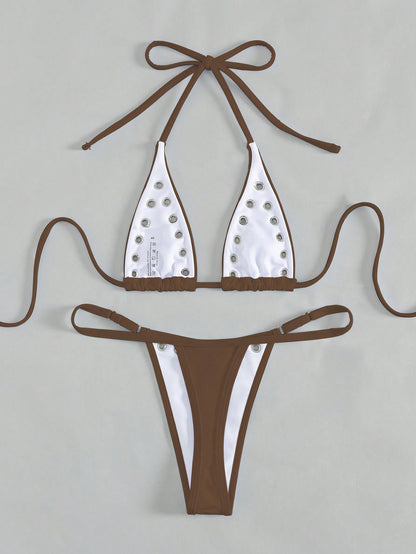 Mocha Rivet Bikini Set Coffee Brown