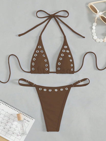 Mocha Rivet Bikini Set Coffee Brown