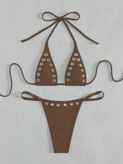 Mocha Rivet Bikini Set Coffee Brown