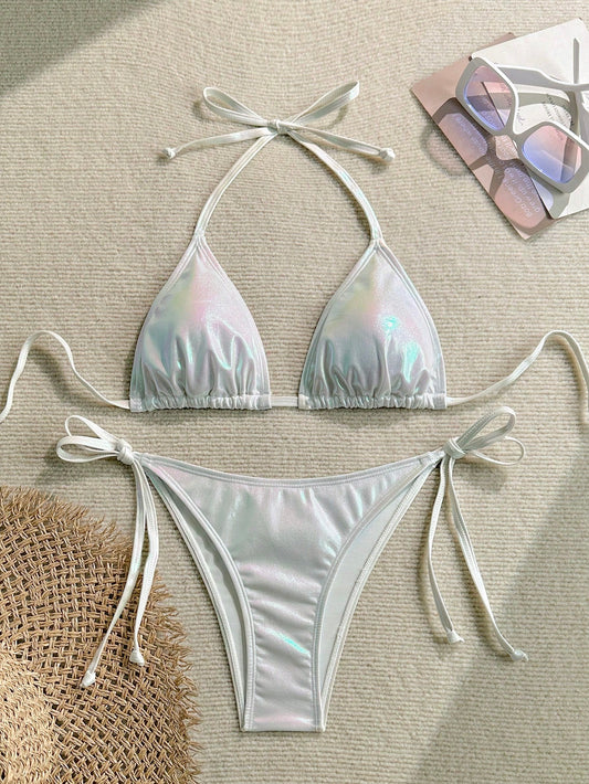 Holographic Bandeau Bikini White