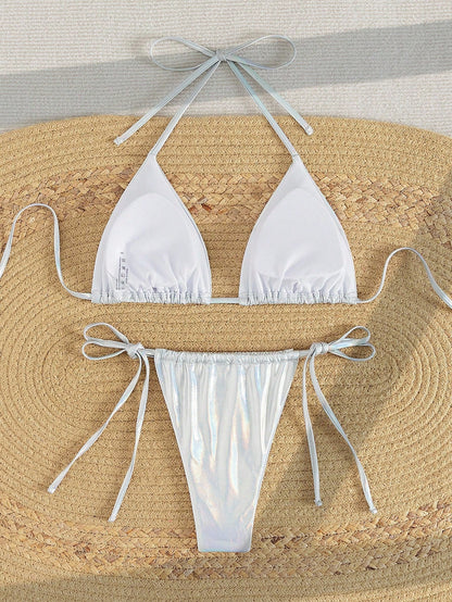 Metallic Halter Bikini Silver