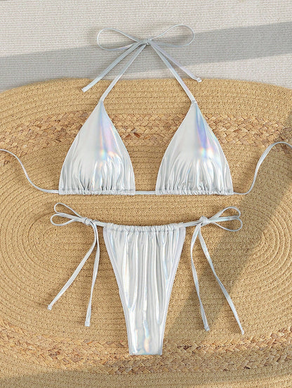 Metallic Halter Bikini Silver