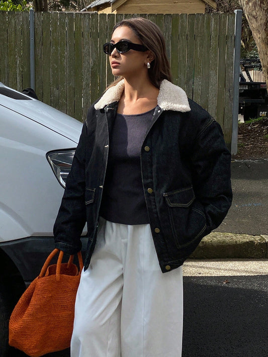 Patchwork Denim Collar Padded Coat Blue