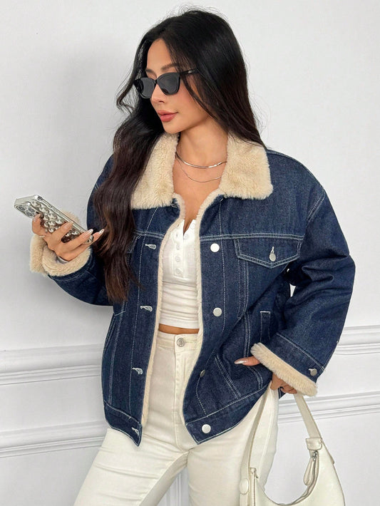 Fur Collar Patchwork Denim Coat Blue