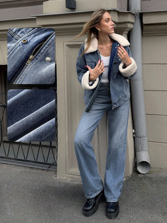 Premium Contrast Faux Fur Denim Coat Blue